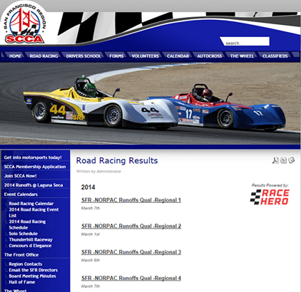 Image of race results on SCCA club racing website generated by RaceHero plugin