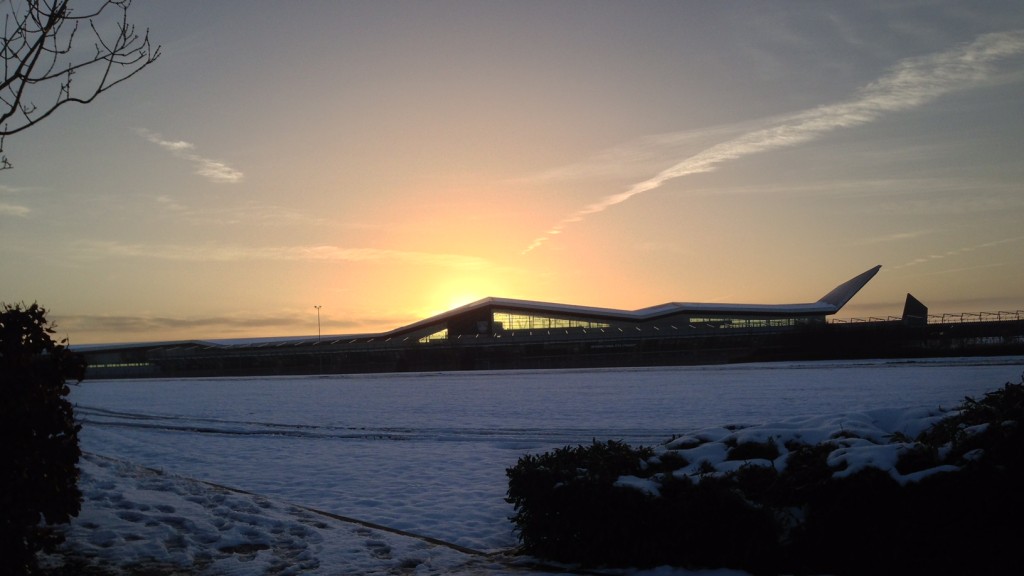 Snow at Silverstone Circuit in central England