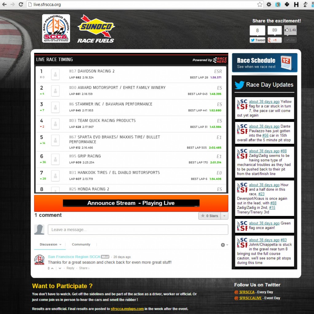 Screenshot of SCCA live timing using RaceHero website widget