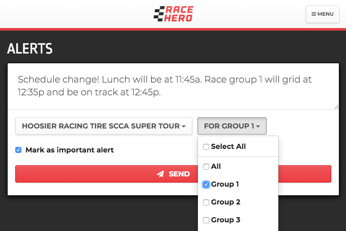 RaceHero alerts and push notification editor